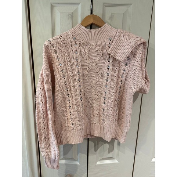 VTG 1980 Blush Ballet Pink Pearl Rhinestone Embellished Cotton Cableknit Sweater - Picture 4 of 12